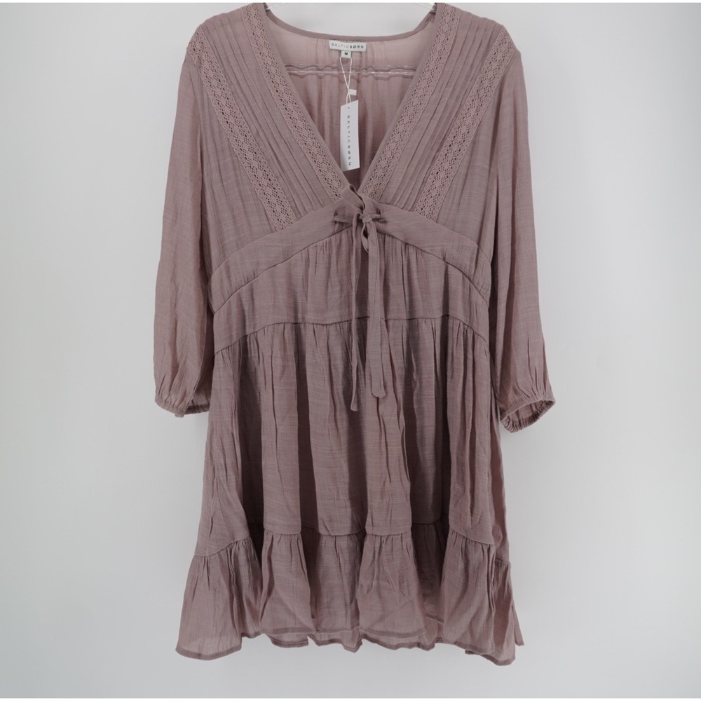 Baltic Born Amelia Boho Mini Dress Dusty Lavender Long Sleeve Crochet Lace M NEW
